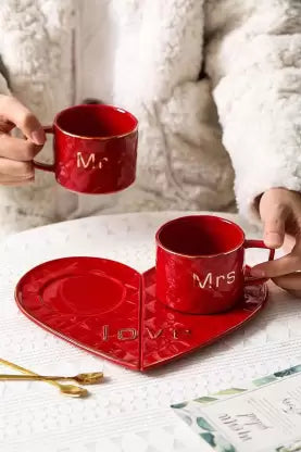 Mr and Mrs Ceramic mug || Couple Coffee Cup and Tea Mugs with Heart Shape  Saucer & Stainless Spoon || Microwave Safe, Dishwasher Safe| Valentine Day Gift Mug. (Red)