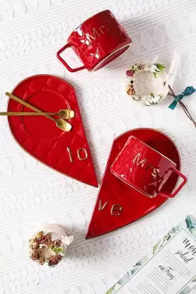 Mr and Mrs Ceramic mug || Couple Coffee Cup and Tea Mugs with Heart Shape  Saucer & Stainless Spoon || Microwave Safe, Dishwasher Safe| Valentine Day Gift Mug. (Red)