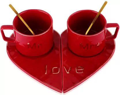 Mr and Mrs Ceramic mug || Couple Coffee Cup and Tea Mugs with Heart Shape  Saucer & Stainless Spoon || Microwave Safe, Dishwasher Safe| Valentine Day Gift Mug. (Red)