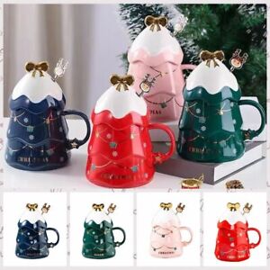 Christmas Coffee Bow Mug, Christmas Tree Ceramic Coffee Mugs 500ml Large Capacity Mug, Cute Cups with Lid and Spoon for Christmas, Gift for Coffee & Tea lovers.