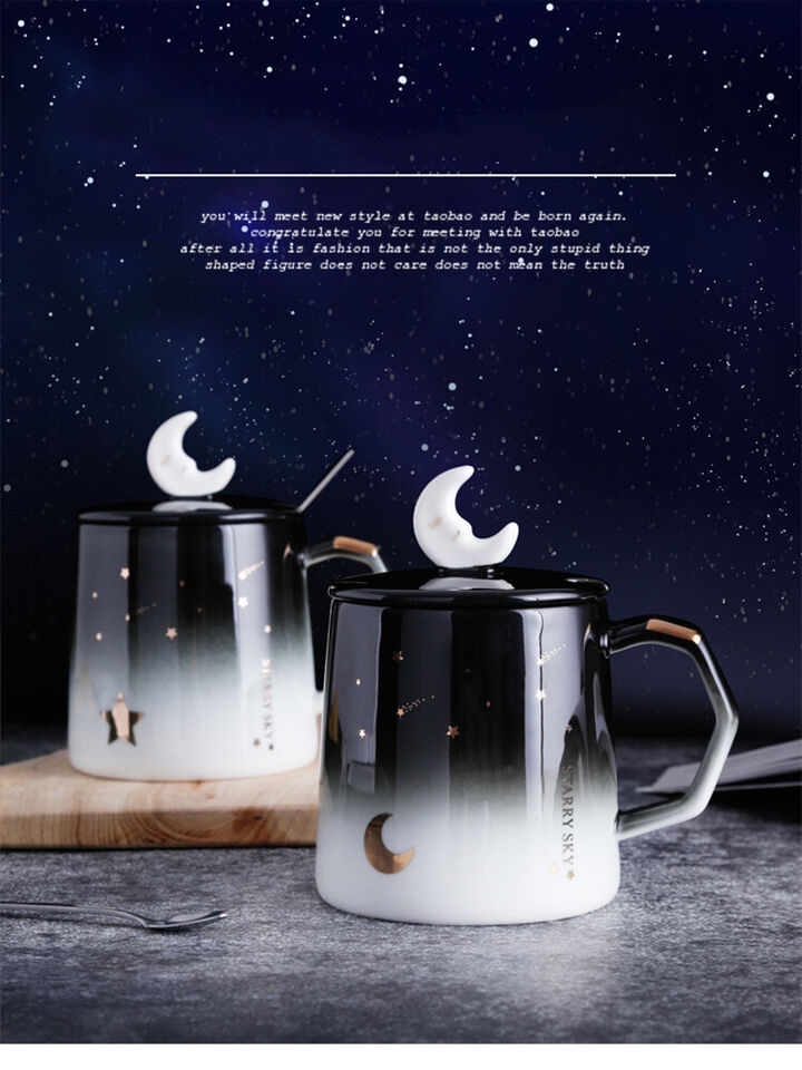 Sleeping Moon Mug with Moon Lid & Spoon Romantic Starry Sky Ceramic Mugs with Lid Silver Spoon Porcelain Coffee Milk Tea Cups For Office, Travel, Home, Mini Party Cups etc.